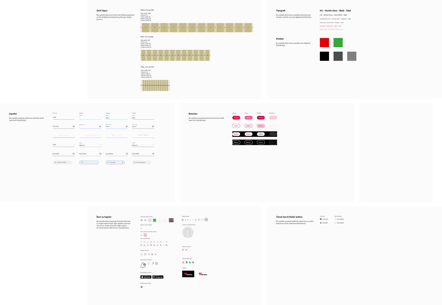 Style guide pages — grid, typography, colour palette, input components, button variants, icons